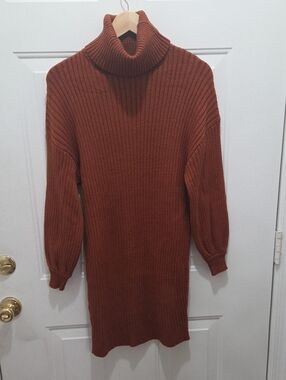 Anrabess Turtleneck Ribbed Sweater Dress - Rust M